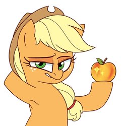 Size: 1400x1400 | Tagged: safe, artist:notenoughapples, applejack, earth pony, pony, g4, apple, armpits, bedroom eyes, female, food, golden apple, mare, simple background, solo, white background