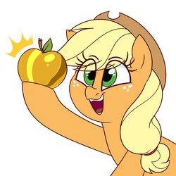 Size: 1400x1400 | Tagged: safe, artist:notenoughapples, applejack, earth pony, pony, g4, apple, cute, eye clipping through hair, female, food, golden apple, jackabetes, mare, open mouth, simple background, solo, white background