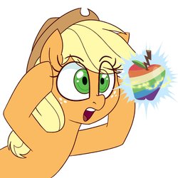 Size: 1400x1400 | Tagged: safe, artist:notenoughapples, applejack, earth pony, pony, g4, apple, eye clipping through hair, female, food, mare, open mouth, shocked, simple background, solo, white background, zap apple