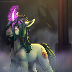 Size: 2500x2500 | Tagged: safe, artist:yarugreat, oc, oc only, oc:terryred, pony, unicorn, curved horn, high res, horn, male, rain, signature, solo, stallion