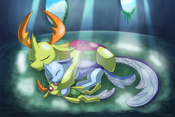 Size: 1200x800 | Tagged: safe, artist:racingwolf, thorax, oc, oc:calor, oc:calor the changeling, changedling, changeling, g4, changedling oc, changeling hive, changeling oc, cloud, commission, commissioner:navelcolt, cuddling, cute, cuteling, daaaaaaaaaaaw, duo, duo male, fanfic art, hive, king thorax, light beams, male, papa thorax, plushie, sleeping, smiling, snuggling, sunlight, sweet dreams fuel, thorabetes