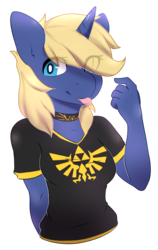 Size: 1186x1879 | Tagged: safe, artist:pomrawr, oc, oc only, oc:glitch sketch, anthro, :p, beckoning, choker, clothes, eye clipping through hair, female, rule 63, simple background, solo, the legend of zelda, tongue out, transparent background, triforce