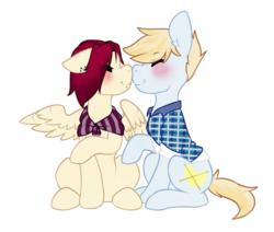 Size: 1374x1167 | Tagged: safe, artist:pomrawr, oc, oc only, earth pony, pegasus, pony, blushing, clothes, earth pony oc, eyes closed, oc x oc, one wing out, pegasus oc, scarf, shipping, simple background, transparent background, wings