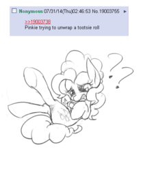 Size: 403x475 | Tagged: safe, anonymous artist, pinkie pie, earth pony, pony, g4, /mlp/, 4chan, anxiety, candy, confused, female, food, hoof hold, mare, monochrome, on back, question mark, solo