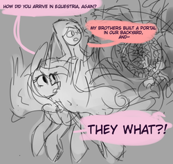 Size: 1000x950 | Tagged: safe, anonymous artist, princess cadance, alicorn, human, pony, g4, /mlp/, 4chan, candace flynn, crossover, drawthread, duo, female, flying, gray background, humans riding ponies, mare, monochrome, namesake, phineas and ferb, pun, riding, simple background, sketch, speech bubble, text, visual pun
