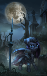 Size: 1548x2500 | Tagged: safe, artist:jedayskayvoker, oc, oc only, oc:luna farrowe, pony, batpony costume, bloodborne, commission, crossover, double bladed sword, female, full moon, glasses, house, mare, moon, outdoors, solo, sword, vampire hunter, video game crossover, weapon