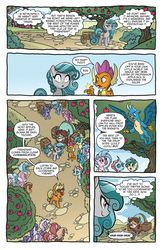 Size: 994x1528 | Tagged: safe, artist:tony fleecs, idw, applejack, gallus, ocellus, sandbar, silverstream, smolder, swift foot, yona, changedling, changeling, classical hippogriff, dragon, earth pony, griffon, hippogriff, pegasus, pony, thracian, unicorn, yak, g4, spoiler:comic, spoiler:comicfeatsoffriendship02, apple, apple tree, bow, cart, cloven hooves, colored hooves, cowboy hat, dragoness, female, flying, hair bow, hat, jewelry, male, mare, monkey swings, necklace, preview, referee, stallion, student six, sunglasses, teenager, tree, unnamed character, unnamed pony, whistle