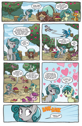 Size: 994x1528 | Tagged: safe, artist:tony fleecs, idw, gallus, sandbar, smolder, swift foot, yona, dragon, earth pony, griffon, pony, thracian, yak, g4, spoiler:comic, spoiler:comicfeatsoffriendship02, apple, apple basket, bow, cart, cloven hooves, colored hooves, dragoness, female, floating heart, flying, food, hair bow, heart, heart eyes, hoof hold, jewelry, male, mare, monkey swings, necklace, preview, teenager, unnamed character, unnamed pony, wingding eyes