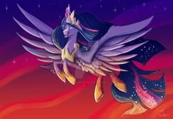 Size: 1078x741 | Tagged: safe, artist:mad munchkin, twilight sparkle, alicorn, pony, g4, the last problem, crown, deviantart watermark, female, flowing mane, flying, glowing horn, happy, horn, jewelry, magic, night, obtrusive watermark, older, older twilight, older twilight sparkle (alicorn), princess twilight 2.0, regalia, smiling, solo, stars, twilight sparkle (alicorn), watermark, wings