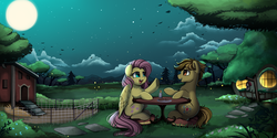 Size: 3117x1557 | Tagged: safe, artist:pridark, fluttershy, oc, earth pony, pegasus, pony, g4, candle, chicken coop, commission, cookie, cutie mark, fire, fluttershy's cottage, food, full moon, moon, night, open mouth, plate, scenery, sitting, stars, tree, underhoof