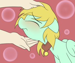 Size: 1200x1000 | Tagged: safe, artist:datte-before-dawn, oc, oc:balmy breeze, human, pegasus, pony, abstract background, blue coat, blushing, bubble, chin scratch, collar, eyes closed, hand, hands on head, human on pony petting, offscreen character, pet, pet play, petting, pony pet, yellow mane