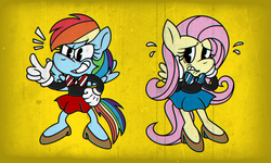 Size: 1600x960 | Tagged: safe, artist:thewallop-cat12, fluttershy, rainbow dash, pegasus, pony, anthro, g4, bowtie, clothes, crossover, cuphead, cuphead (character), cute, gloves, high heels, long sleeved shirt, long sleeves, mugman, shirt, shoes, skirt, studio mdhr, wings