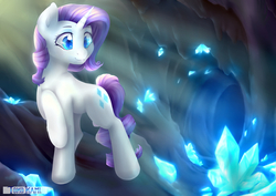 Size: 800x566 | Tagged: safe, artist:tokokami, rarity, pony, unicorn, g4, cave, cavern, crepuscular rays, crystal, cutie mark, female, gem cave, looking at something, looking down, mare, obtrusive watermark, raised hoof, smiling, solo, watermark