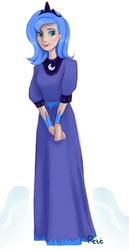 Size: 452x874 | Tagged: safe, artist:theo-0, princess luna, human, g4, clothes, dress, female, hands together, humanized, s1 luna, signature, simple background, smiling, solo, white background