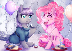 Size: 7016x4960 | Tagged: safe, artist:8bitgalaxy, boulder (g4), maud pie, pinkie pie, g4, absurd resolution, balloon, birthday party, cake, chest fluff, eyes closed, food, maud's cave, party, signature, sitting