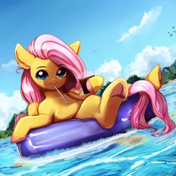 Size: 4000x4000 | Tagged: safe, artist:miokomata, fluttershy, pegasus, pony, g4, cute, drink, drinking straw, female, freckles, frog (hoof), inflatable, inner tube, mare, reclining, solo, straw, underhoof, water
