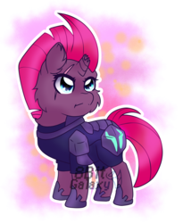 Size: 2784x3396 | Tagged: safe, artist:8bitgalaxy, tempest shadow, pony, g4, abstract background, broken horn, chibi, cute, eye scar, female, high res, horn, scar, signature, solo, tempestbetes