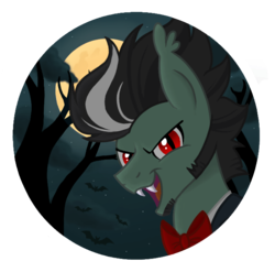 Size: 645x636 | Tagged: safe, artist:pgthehomicidalmaniac, oc, oc only, oc:count grimyard, pony, vampire, vampony, bust, male, moon, night, portrait, solo, stallion