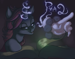 Size: 3000x2376 | Tagged: safe, artist:tentinythimbles, pony, black sclera, book, dark, fanfic art, female, hand, high res, signature, solo