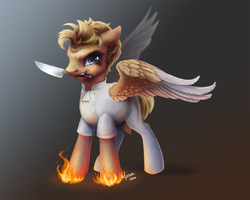 Size: 1500x1200 | Tagged: safe, artist:paintedhoofprints, gourmand ramsay, pegasus, pony, g4, fire, gordon ramsay, kitchen knife, knife, male, mouth hold, ponified, stallion