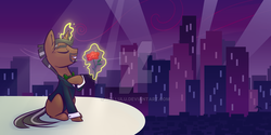 Size: 1280x640 | Tagged: safe, artist:meekcheep, pony, city, cityscape, flower, john de lancie, ponified, rose, solo