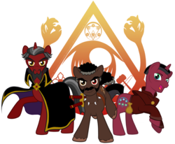 Size: 900x743 | Tagged: safe, artist:immortaltanuki, pony, doctor byron orpheus, jefferson twilight, order of the triad, ponified, the alchemist, the venture bros.