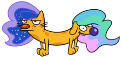 Size: 1500x700 | Tagged: safe, artist:threetwotwo32232, princess celestia, princess luna, cat, dog, g4, catdog, conjoined, nickelodeon, palindrome get, parody, pushmi-pullyu, royal sisters, simple background, species swap, transparent background
