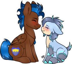 Size: 2805x2475 | Tagged: safe, artist:grapegrass, oc, oc only, oc:ash wing, oc:nimble wing, earth pony, pegasus, pony, amputee, ashble, blushing, cute, eyes closed, female, high res, jewelry, male, mare, mechanical legs, necklace, prosthetic leg, prosthetic limb, prosthetics, shipping, stallion