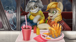 Size: 3487x1927 | Tagged: safe, artist:amishy, oc, oc:bandy cyoot, oc:jerry alton, earth pony, pony, raccoon pony, basket, burger, car, car hop tray, clothes, coca-cola, date, diner, door, door handle, ear fluff, eyelashes, food, ford, ford galaxie, french fries, ginger hair, glasses, golden eyes, green eyes, hairband, hamburger, hamburger bun, ketchup, lettuce, mustard, napkin, pants, plaid, plate, ponytail, rain, raised eyebrow, saddle oxfords, sauce, seat, shoes, skirt, smiling, sock hop, steering wheel, straw, striped hair, surprised, sweater, tail, teeth, tomato, window
