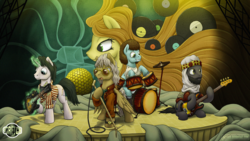 Size: 1601x900 | Tagged: safe, artist:1jaz, pony, band, drums, guitar, microphone, musical instrument, ponified, record, stretch