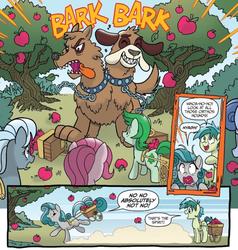 Size: 742x780 | Tagged: safe, artist:tonyfleecs, idw, sandbar, swift foot, dog, earth pony, orthros, pony, thracian, g4, spoiler:comic, spoiler:comicfeatsoffriendship02, apple, apple tree, background pony, cart, female, male, multiple heads, tree, two heads, unnamed character, unnamed pony