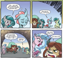Size: 714x664 | Tagged: safe, artist:tony fleecs, idw, ocellus, sandbar, silverstream, swift foot, yona, changedling, changeling, classical hippogriff, earth pony, hippogriff, pony, thracian, yak, g4, spoiler:comic, spoiler:comicfeatsoffriendship02, angry, argument, bickering, claws, cloven hooves, evil planning in progress, facade, female, horns, manipulation, mare, monkey swings, shocked, talons, teenager, young mare