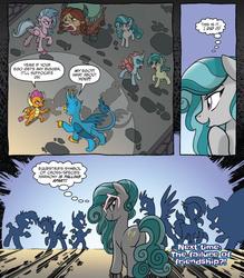 Size: 738x844 | Tagged: safe, artist:tony fleecs, idw, gallus, ocellus, sandbar, silverstream, smolder, swift foot, yona, changedling, changeling, classical hippogriff, dragon, earth pony, griffon, hippogriff, pony, thracian, yak, g4, spoiler:comic, spoiler:comicfeatsoffriendship02, angry, argument, bickering, butt, cloven hooves, dragoness, evil planning in progress, evil smile, fake cutie mark, female, grin, horns, implied dark magic, plot, pointing, smiling, student six, teenager, young mare