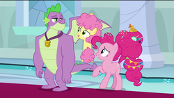 Size: 1920x1080 | Tagged: safe, edit, edited screencap, screencap, li'l cheese, pinkie pie, spike, dragon, earth pony, pony, g4, the last problem, candy, carpet, confetti, female, foal, food, gigachad spike, grabbing, happy, lollipop, male, mama pinkie, mare, medal, older, older pinkie pie, older spike, pillar, playing, raised hoof, removed eyebag edit, rubber duck, smiling, spread wings, stained glass, surprised, throne room, winged spike, wings