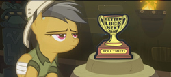 Size: 1480x670 | Tagged: safe, edit, edited screencap, screencap, daring do, pegasus, pony, g4, read it and weep, bandage, female, hat, mare, pith helmet, solo, trophy, unamused, you tried