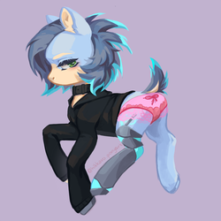 Size: 3000x3000 | Tagged: safe, artist:hikkara, oc, oc only, oc:ash wing, earth pony, pony, amputee, bow, clothes, collar, dock, ear fluff, frilly underwear, high res, hoodie, looking back, panties, pink underwear, prosthetic leg, prosthetic limb, prosthetics, ribbon, simple background, solo, underwear
