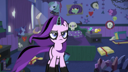 Size: 1920x1080 | Tagged: safe, edit, edited screencap, screencap, starlight glimmer, alicorn, bat pony, bat pony alicorn, pony, unicorn, g4, the ending of the end, the parent map, bad guitar anatomy, badass, bed, bedroom, book, boots, caption, chains, clothes, crystal, edgelight glimmer, emo, female, frown, glare, goth, guitar, hair dye, horn, image macro, it's not a phase, kite, magic, makeup, mare, musical instrument, plushie, poster, scowl, shoes, skateboard, skull, solo, starlight glimmer in places she shouldn't be, starlight's room, text, windswept mane