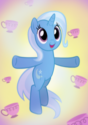 Size: 2479x3500 | Tagged: safe, artist:creativeli3, trixie, pony, unicorn, g4, bipedal, cute, diatrixes, female, high res, mare, open mouth, solo, teacup, that pony sure does love teacups