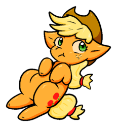 Size: 482x522 | Tagged: safe, artist:zutcha, applejack, earth pony, pony, g4, :t, cute, female, hooves to the chest, jackabetes, mare, on back, simple background, solo, transparent background