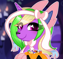 Size: 1395x1307 | Tagged: safe, artist:nekomellow, oc, oc only, oc:sparkly breeze, pony, sylveon, unicorn, bow, candy, clothes, costume, dog nose, ears, female, food, halloween, halloween costume, heart, heart eyes, holiday, mare, nightmare night, paws, pokémon, pumpkin, pumpkin bucket, ribbon, wingding eyes