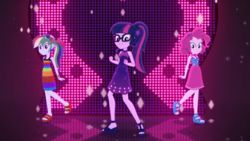 Size: 1920x1080 | Tagged: safe, screencap, pinkie pie, rainbow dash, sci-twi, twilight sparkle, equestria girls, g4, i'm on a yacht, my little pony equestria girls: better together, dancing, feet, female, glasses, neon eg logo, open-toed shoes, ponytail, rainbow dash always dresses in style, sandals, sleeveless, trio, trio female