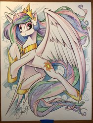 Size: 1536x2048 | Tagged: safe, artist:andypriceart, idw, princess celestia, alicorn, pony, g4, spoiler:comic, colored pencil drawing, female, jewelry, looking at you, mare, regalia, smiling, solo, traditional art