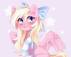 Size: 1615x1286 | Tagged: safe, artist:whiteliar, oc, oc:bay breeze, pegasus, pony, blushing, bow, clothes, cute, female, hair bow, mare, open mouth, simple background, socks, striped socks