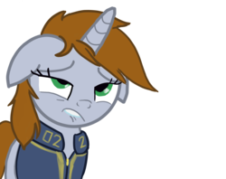Size: 7550x5981 | Tagged: safe, artist:simplesaemple, edit, oc, oc only, oc:littlepip, pony, unicorn, fallout equestria, clothes, eyeroll, fanfic, fanfic art, female, floppy ears, horn, jumpsuit, lip bite, mare, out of context, reaction image, simple background, solo, transparent background, unf, vault suit
