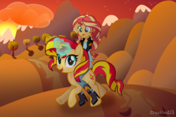 Size: 2500x1667 | Tagged: dead source, safe, artist:charna-mar, artist:creativeli3, sunset shimmer, human, pony, unicorn, equestria girls, g4, female, happy, high res, human ponidox, humans riding ponies, mare, riding, self ponidox, self riding, signature, smiling, sunset