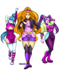 Size: 1024x1236 | Tagged: safe, artist:bunnynha, adagio dazzle, aria blaze, sonata dusk, equestria girls, find the magic, g4, my little pony equestria girls: better together, bracelet, breasts, busty aria blaze, busty sonata dusk, clothes, converse, deviantart watermark, greenbutt pants, jewelry, minidress, obtrusive watermark, polka dots, shoes, shorts, simple background, sneakers, spiked headband, taco dress, the dazzlings, transparent background, watermark, white outline