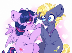 Size: 2700x2000 | Tagged: safe, artist:etoz, star tracker, twilight sparkle, alicorn, earth pony, pony, g4, blushing, cheek fluff, cute, ear fluff, eye clipping through hair, female, freckles, gradient background, happy, heart, high res, horn, male, request, requested art, ship:twitracker, shipping, smiling, stallion, straight, trackerbetes, twiabetes, twilight sparkle (alicorn), wingding eyes, wings