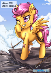 Size: 2149x3035 | Tagged: safe, artist:tokokami, scootaloo, pegasus, pony, g4, bandaid, cloud, digital art, female, filly, grin, high res, injured, inktober, inktober 2019, one eye closed, pickaxe, raised hoof, rope, smiling, solo