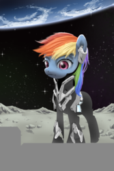 Size: 1032x1546 | Tagged: safe, artist:amarthgul, rainbow dash, pegasus, pony, g4, earth, female, mare, moon, solo, space, stars