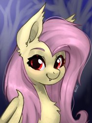 Size: 768x1024 | Tagged: safe, artist:siripim111, fluttershy, bat pony, pony, g4, bat ponified, bust, chest fluff, cute, ear fluff, fangs, female, flutterbat, looking at you, mare, race swap, shyabates, shyabetes, smiling, solo
